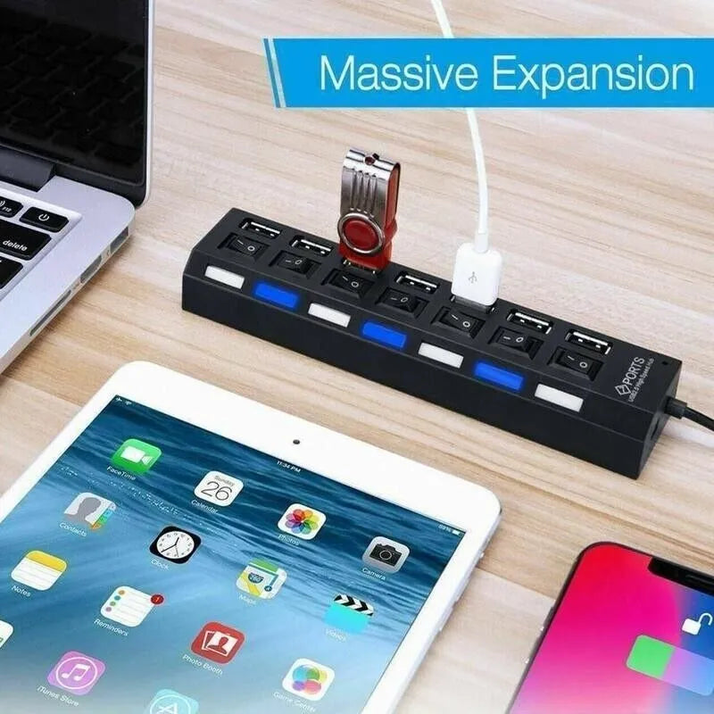 Hub USB de 7 Puertos 2.0 / 3.0 de Alta Velocidad para PC, Laptop y Mac