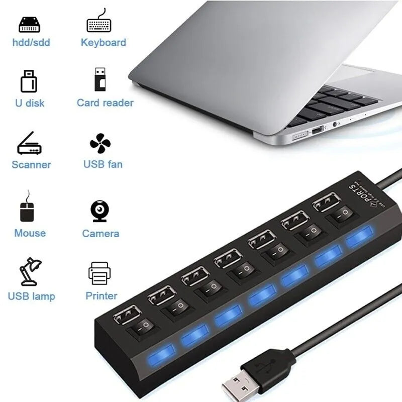Hub USB de 7 Puertos 2.0 / 3.0 de Alta Velocidad para PC, Laptop y Mac