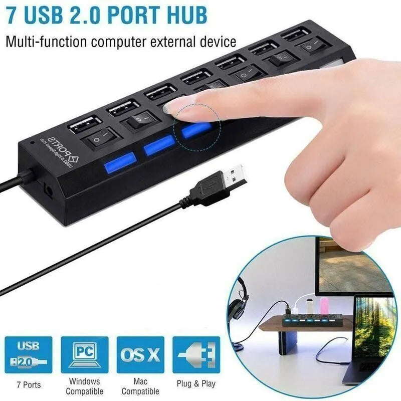 Hub USB de 7 Puertos 2.0 / 3.0 de Alta Velocidad para PC, Laptop y Mac