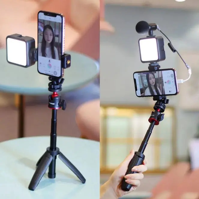 Selfie stick profesional heavy duty con microfono y lampara