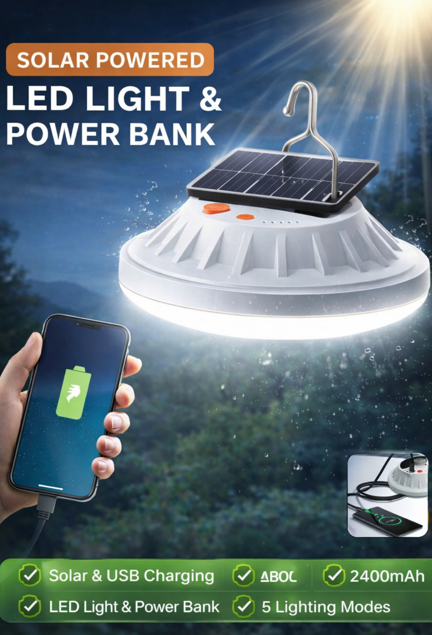 Lámpara Recargable Solar con 60 LED para Exterior